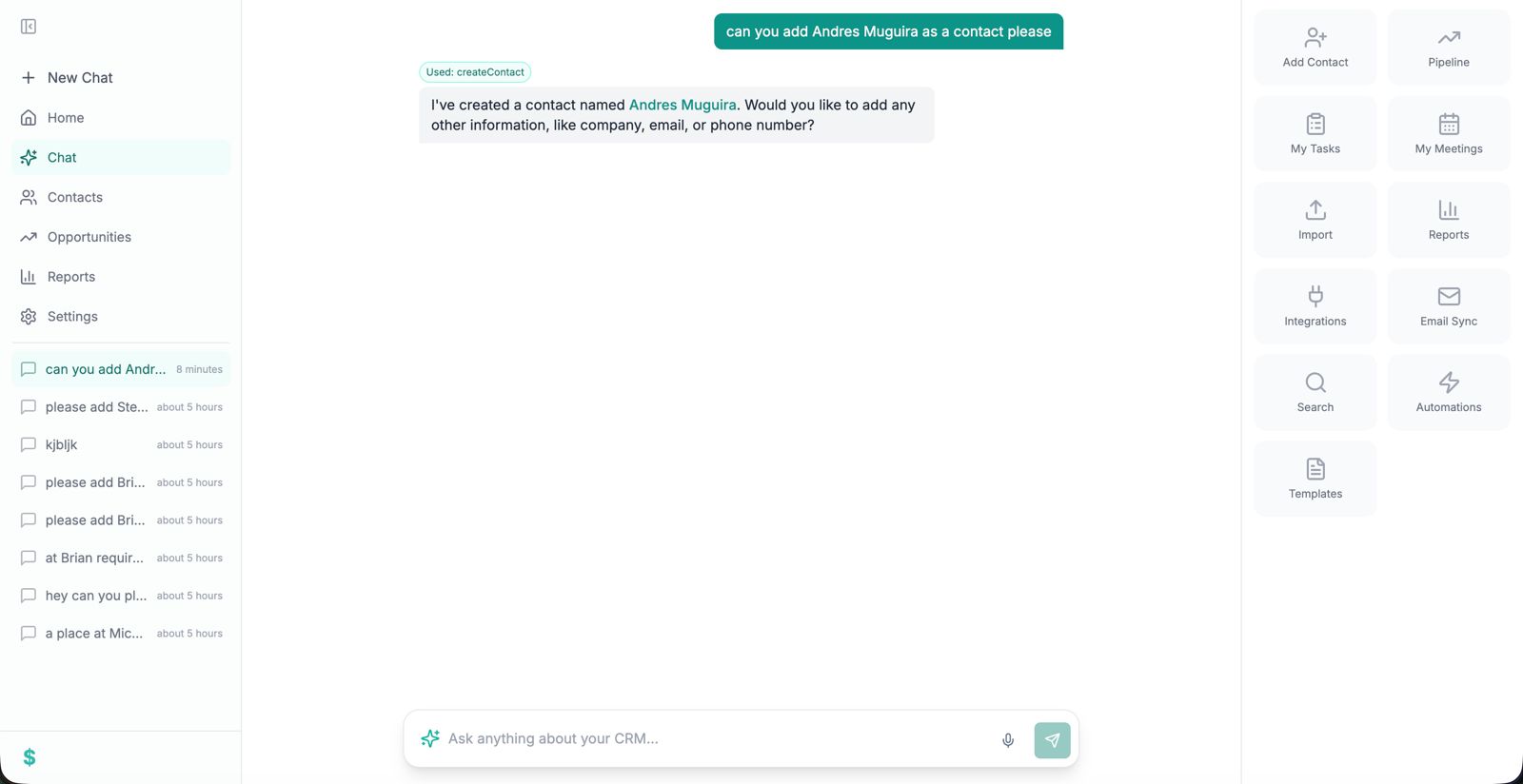 SalesSheet AI chat creating a contact through natural language