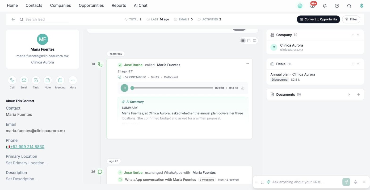 A contact record in SalesSheets: a recorded call with its AI summary and a WhatsApp conversation on the same timeline, with the company and the deal linked beside it.