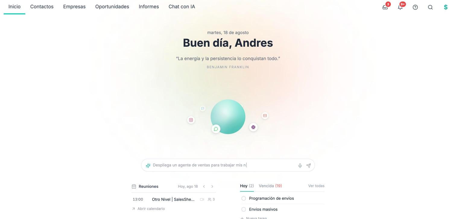 SalesSheets home: an orb and a field that asks what you want done, with the day's meetings and tasks underneath.