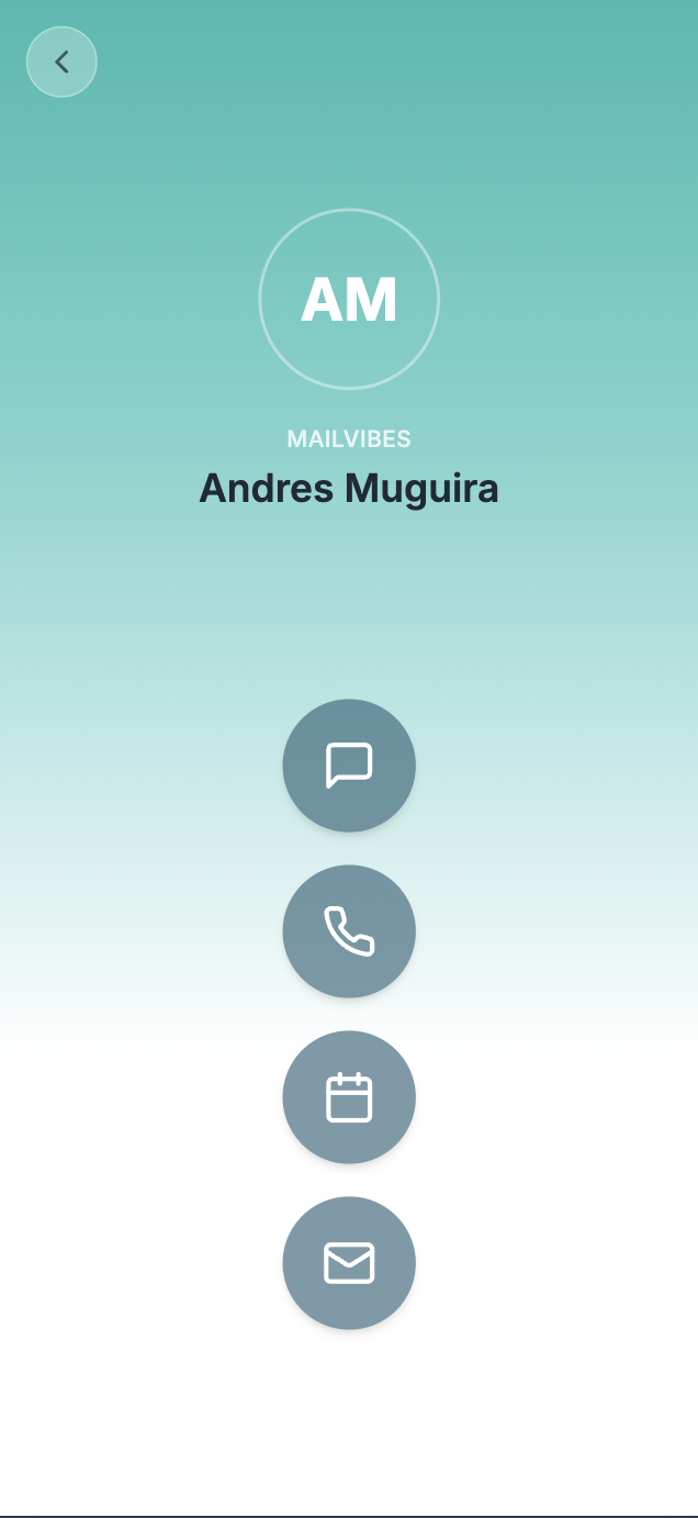 Mobile contact detail view showing contact info, quick actions, and activity timeline