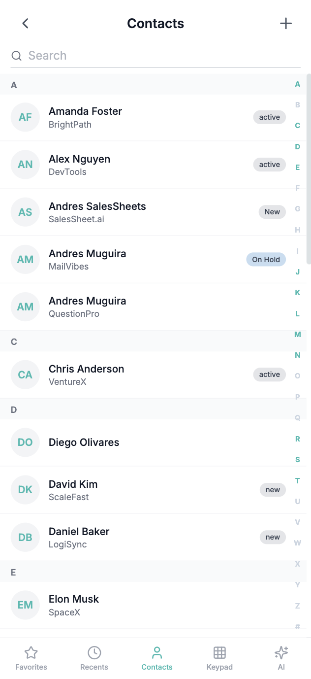 Mobile contacts list showing alphabetical contact list with search bar