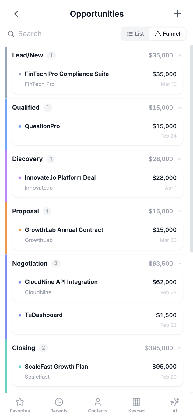 Mobile pipeline view showing deals organized by stage columns
